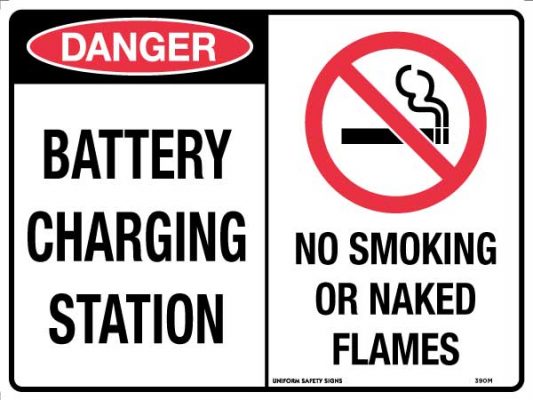 Battery Charging Station | No Smoking or Naked Flames Signs