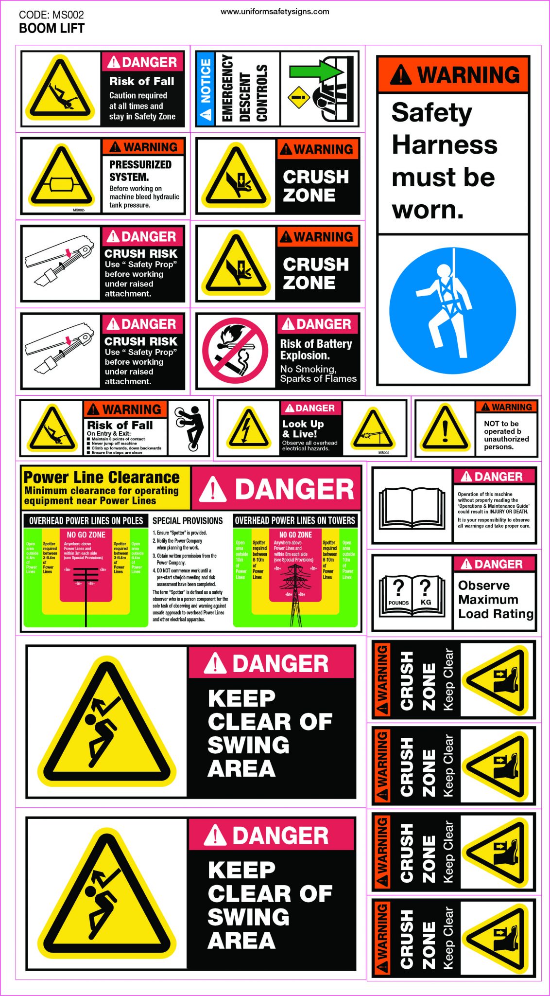 Machinery Sticker Sets Boom Lift (21 decals) | Safety Signs